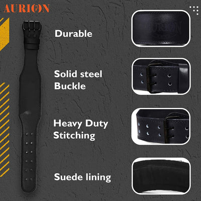 Aurion by 10Club Premium Genuine Leather Weight Lifting Belt-Medium | HeavyDuty Powerlifting Belt | Body Fitness And Gym Back Support Weightlifting Belt | Unisex | Adjustable Buckle | Full Black