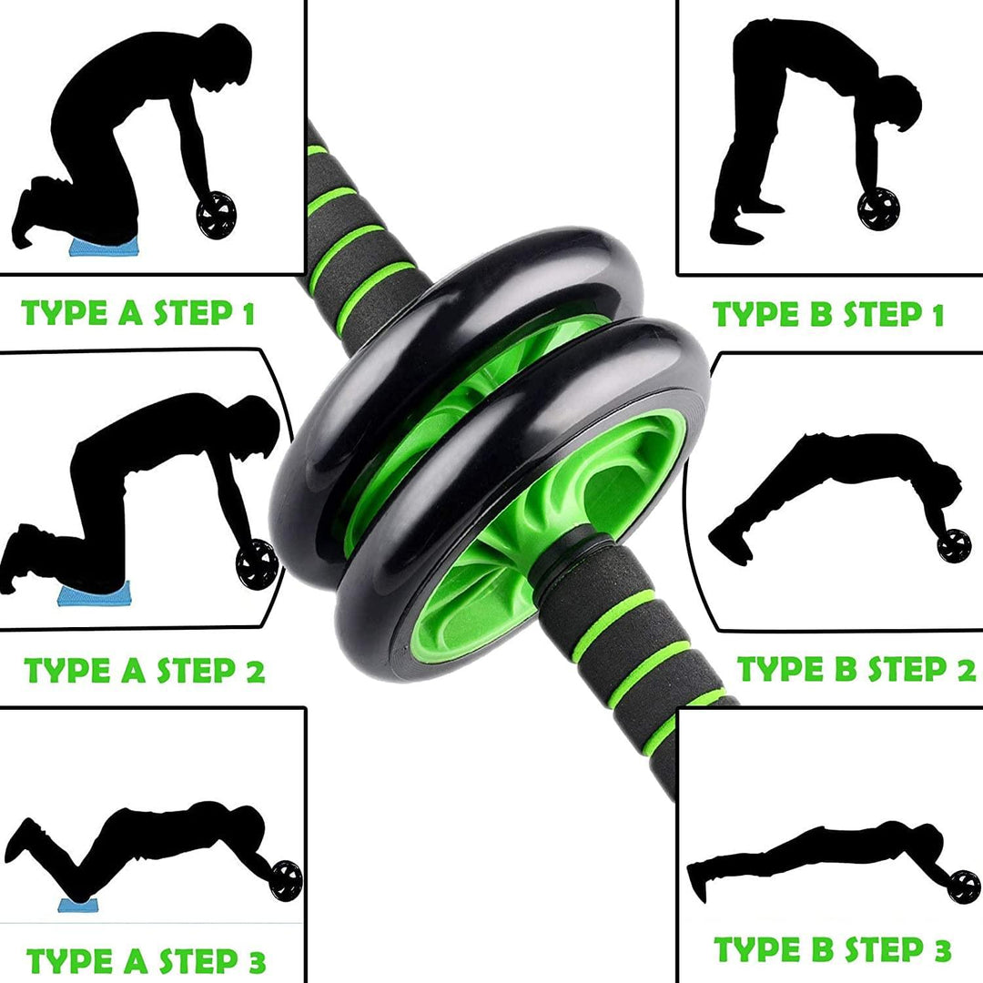 Anti Skid Double Wheel Total Body AB Roller Exerciser for Abdominal Stomach Exercise Training with Knee Mat (Green, Pack of 1) - Kriya Fit