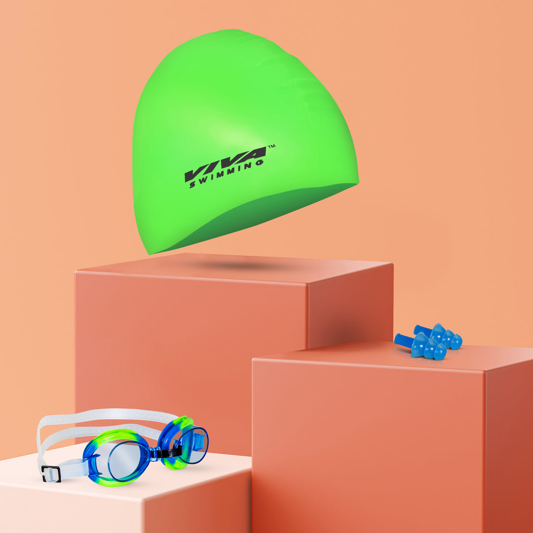 Premium Swimming Kit (Silicone Cap / Swimming Goggle / Earplugs)(Green/Blue)