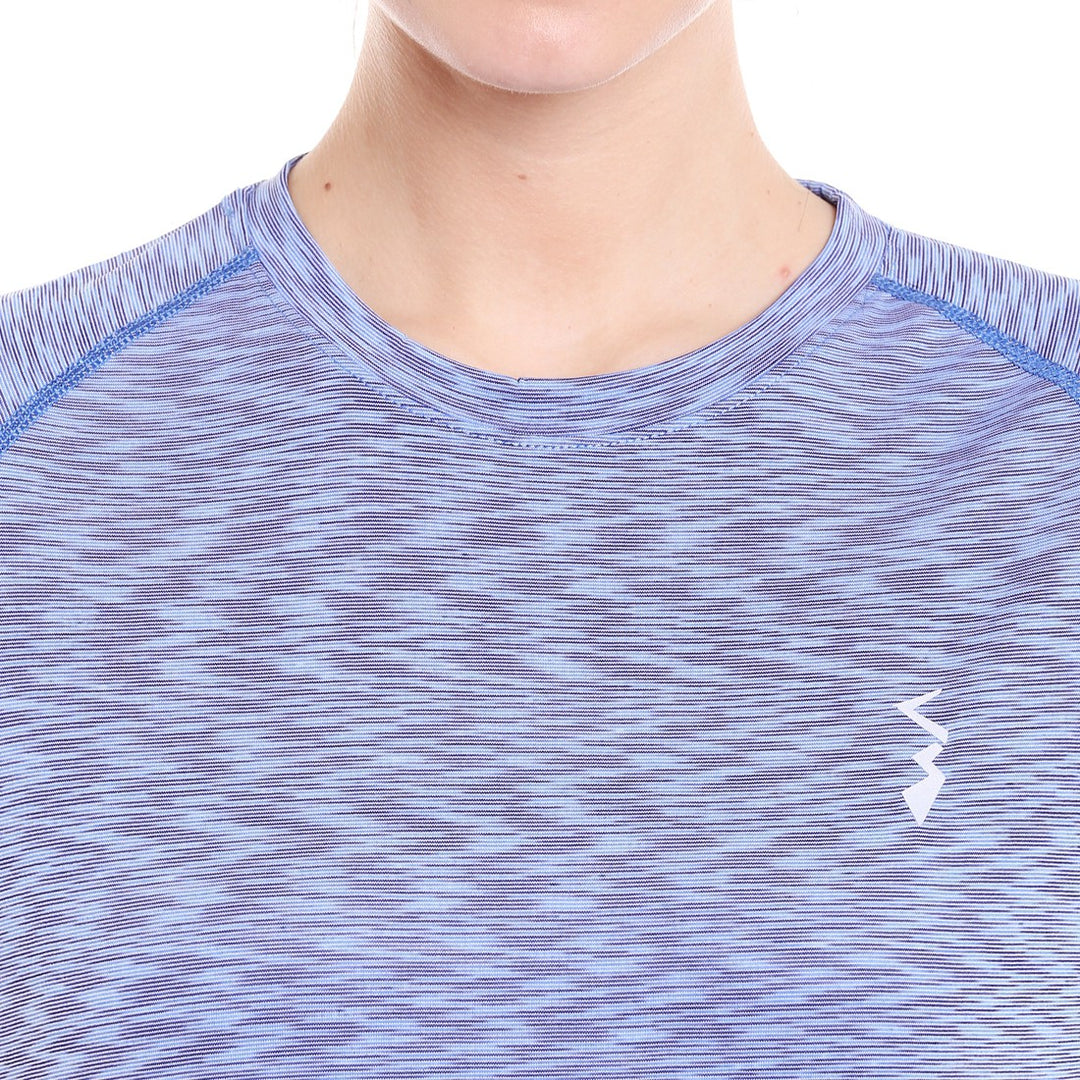Light Blue Grey Women Self Design Poly Cotton Sports Tshirt Round Neck