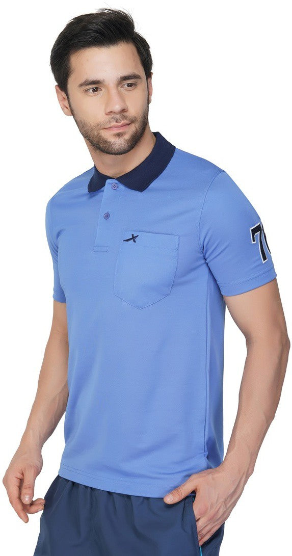 Printed | Varsity Men Polo Neck Blue T-Shirt