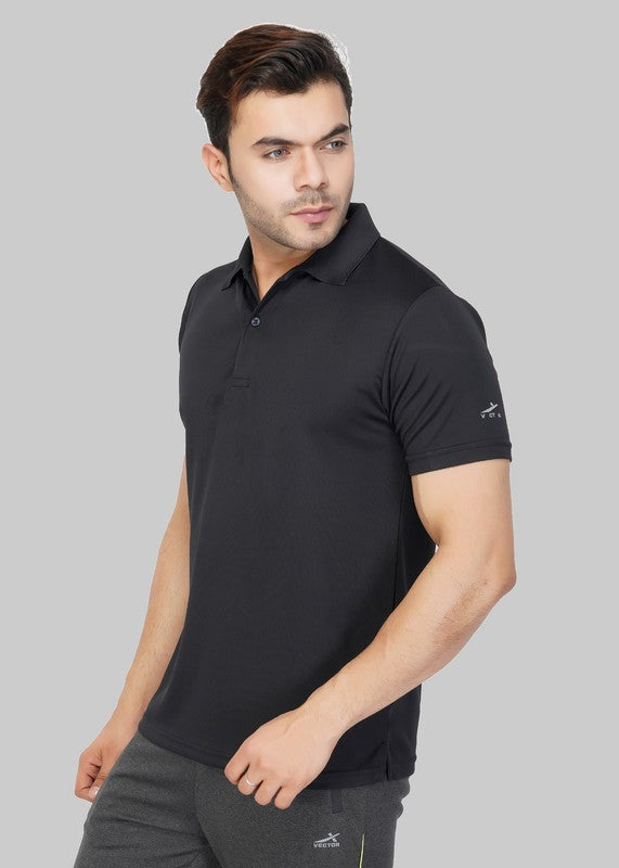 Solid Men Polo Neck Black T-Shirt (Black/Casual)