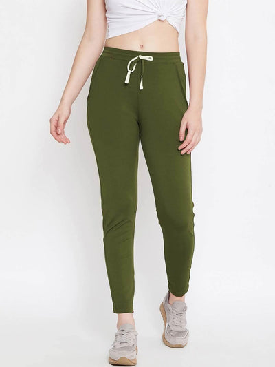 Women Olive Solid Track Pants - Kriya Fit