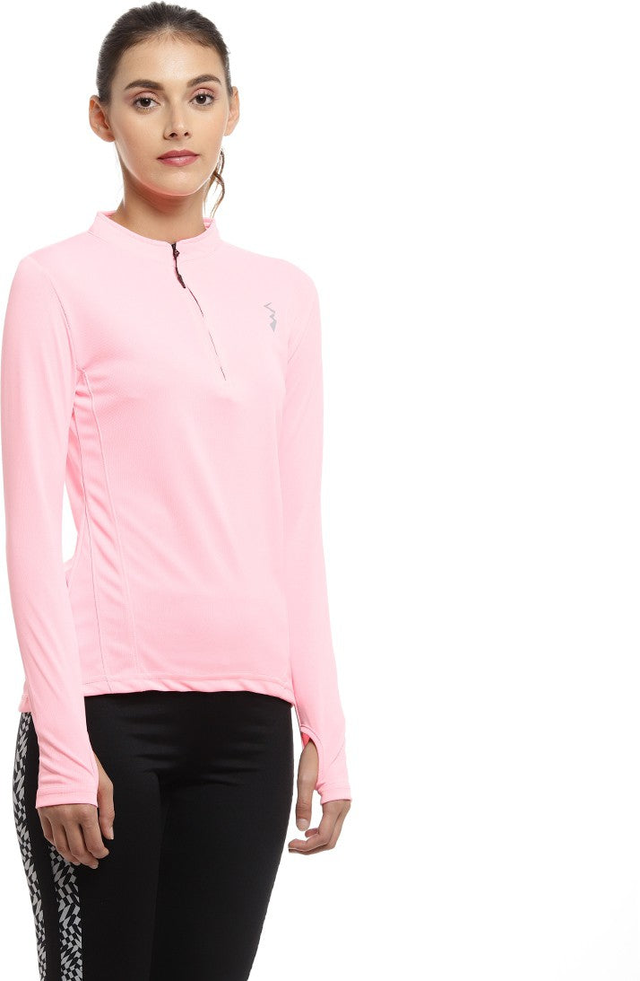 Light Pink Women Solid Polyester Sports Tshirt Mandarin Collar