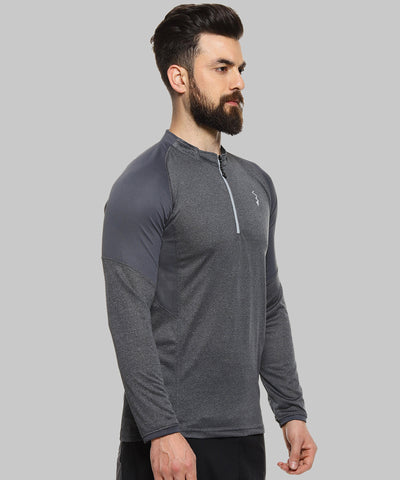 Grey Men Solid Polyester Sports Tshirt Mandarin