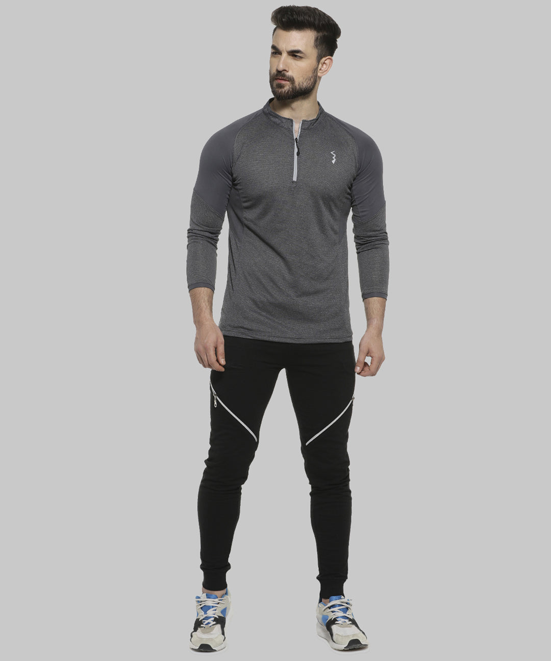 Grey Men Solid Polyester Sports Tshirt Mandarin