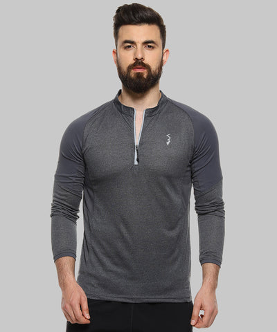 Grey Men Solid Polyester Sports Tshirt Mandarin