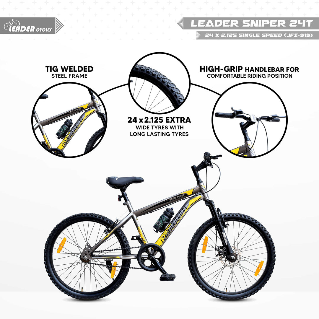 Sniper MTB 24T Mountain Bicycle, Single Speed, Ideal for 9-14 Years Age, 24" Mountain Cycle, Single Speed, Grey