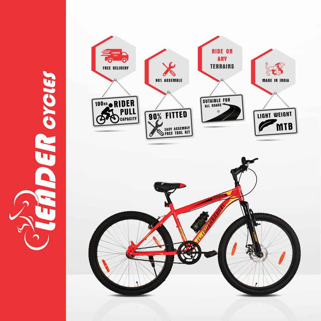 Sniper MTB 24T with Front Suspension and Disc Brake, Ideal for 9-14 Years Age, 24" Mountain Cycle, Single Speed, Red Black