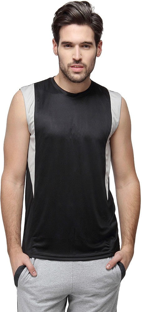 Black Men Solid Cotton Blend Sports Tshirt Round Neck