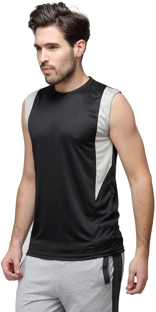 Black Men Solid Cotton Blend Sports Tshirt Round Neck