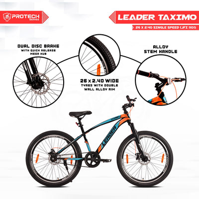 Taximo 26T Single Speed MTB Cycle with Dual Disc Brake and Front Suspension, 26" Hybrid Cycle City Bike, Single Speed, Black