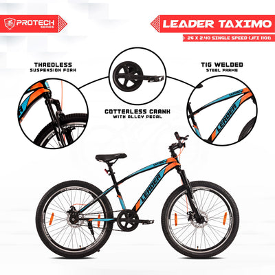 Taximo 26T Single Speed MTB Cycle with Dual Disc Brake and Front Suspension, 26" Hybrid Cycle City Bike, Single Speed, Black