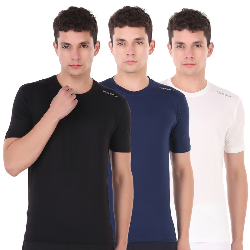 Black-Royale-White Self Design Men Round Neck T-Shirt 100 % Polyerster (Pack of 3)