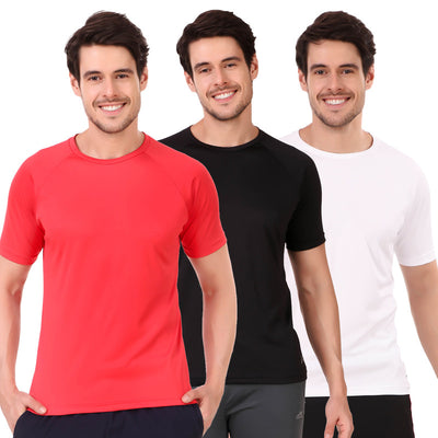 Red-Black-White Self Design Men Round Neck T-Shirt 100 % Polyerster (Pack of 3)