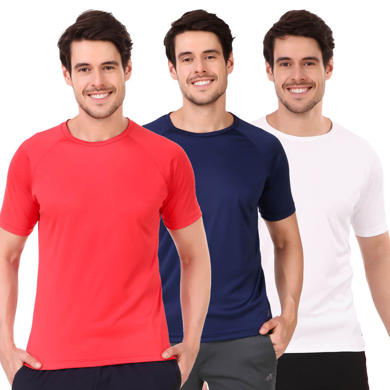 Red-Navy-White Self Design Men Round Neck T-Shirt 100 % Polyerster (Pack of 3)