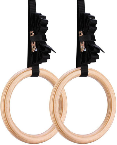 Workout Wood Gymnastic Pull Up Rings |15Ft Adjustable Straps |Non-Slip 32 Mm For