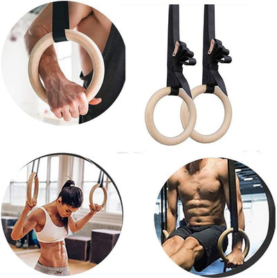 Workout Wood Gymnastic Pull Up Rings |15Ft Adjustable Straps |Non-Slip 32 Mm For