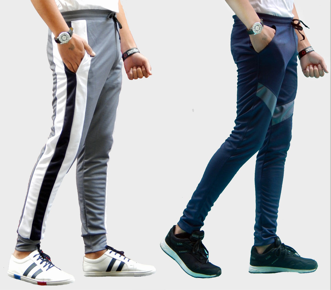 Men Striped Grey/Navy Blue Track Pants (Pack of 2)