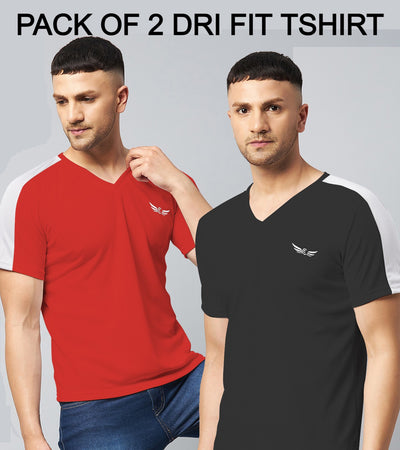 Color Block V Neck T-shirt (Red Black) (Pack of 2)