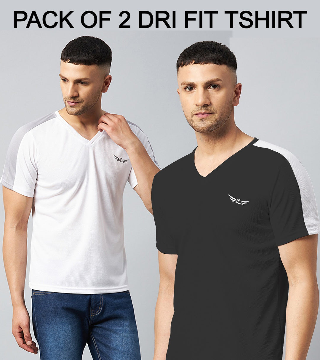 Color Block V Neck T-shirt (White Black) (Pack of 2)