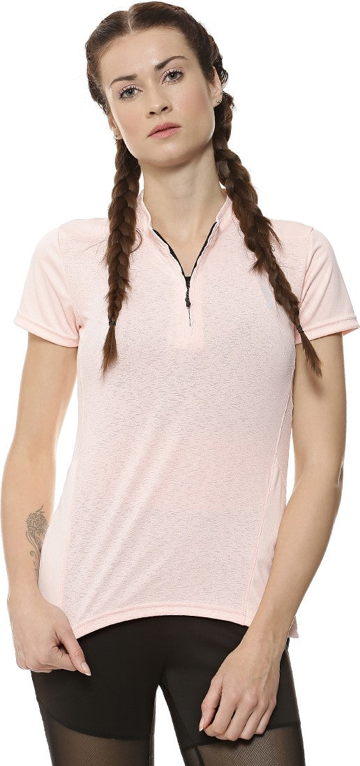 Peach Women Solid Poly Cotton Sports Tshirt Mandarin Collar