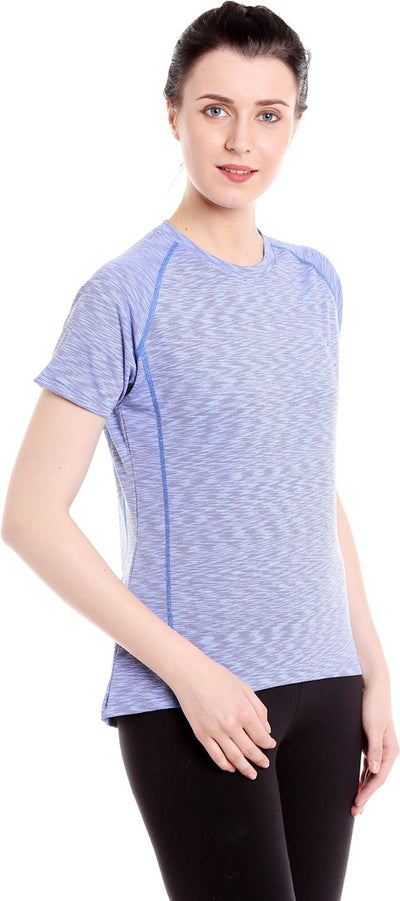 Light Blue Grey Women Self Design Poly Cotton Sports Tshirt Round Neck