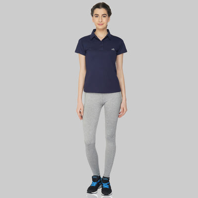Solid Women Polo Neck Blue T-Shirt