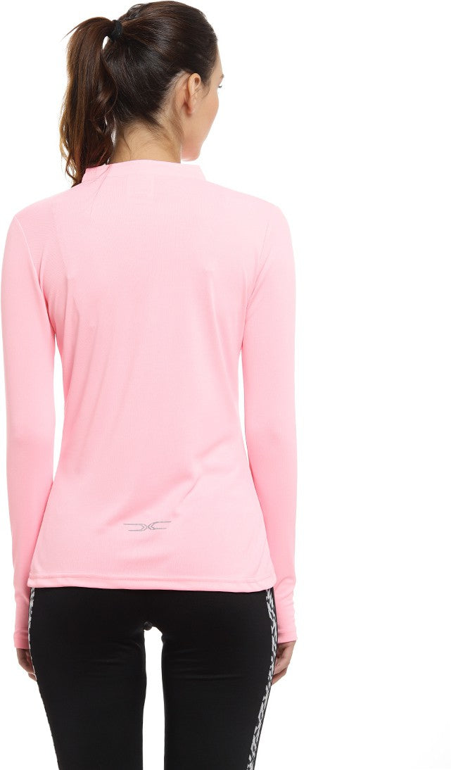 Light Pink Women Solid Polyester Sports Tshirt Mandarin Collar