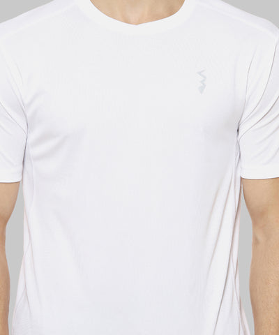 White Men Solid Polyester Sports Tshirt Round Neck