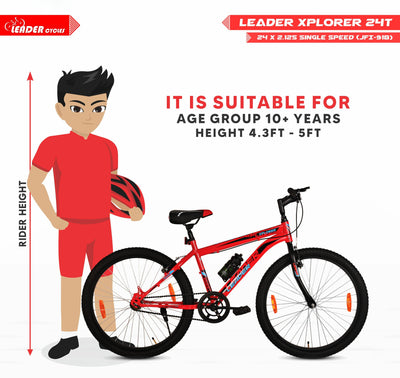 Xplorer MTB 24T Mountain Bicycle, Single Speed, Ideal for 9-14 Years Age, 24" Mountain Cycle Single Speed, Black-Red