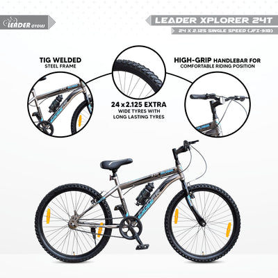 Xplorer 24T Mountain Bicycle, Single Speed, Ideal for 9-14 Years Age, 24" Mountain Cycle, Single Speed, Grey