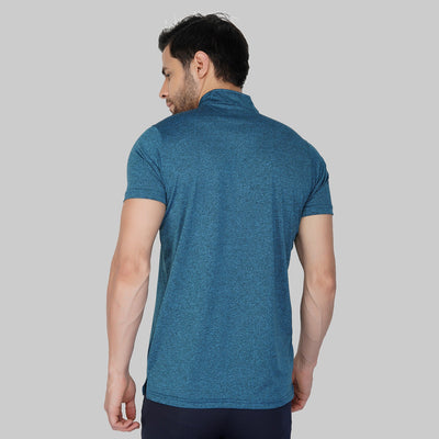 Solid Men Mandarin Collar Blue T-Shirt