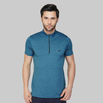 Solid Men Mandarin Collar Blue T-Shirt