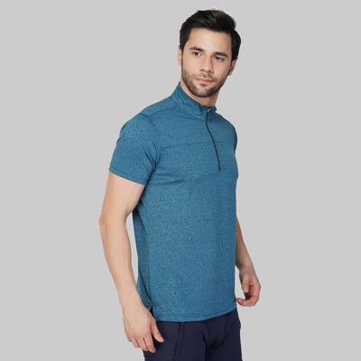 Solid Men Mandarin Collar Blue T-Shirt