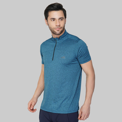 Solid Men Mandarin Collar Blue T-Shirt