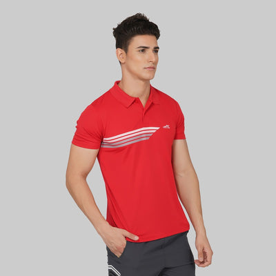 Striped Men Polo Neck Red T-Shirt (Red)