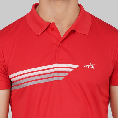 Striped Men Polo Neck Red T-Shirt (Red)